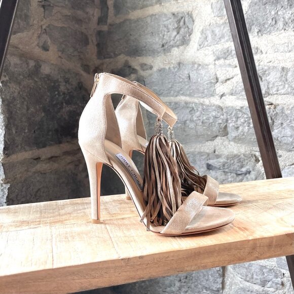 Jimmy Choo Champagne Suede Fringe Embellished Viola Sandals - Picture 1 of 11